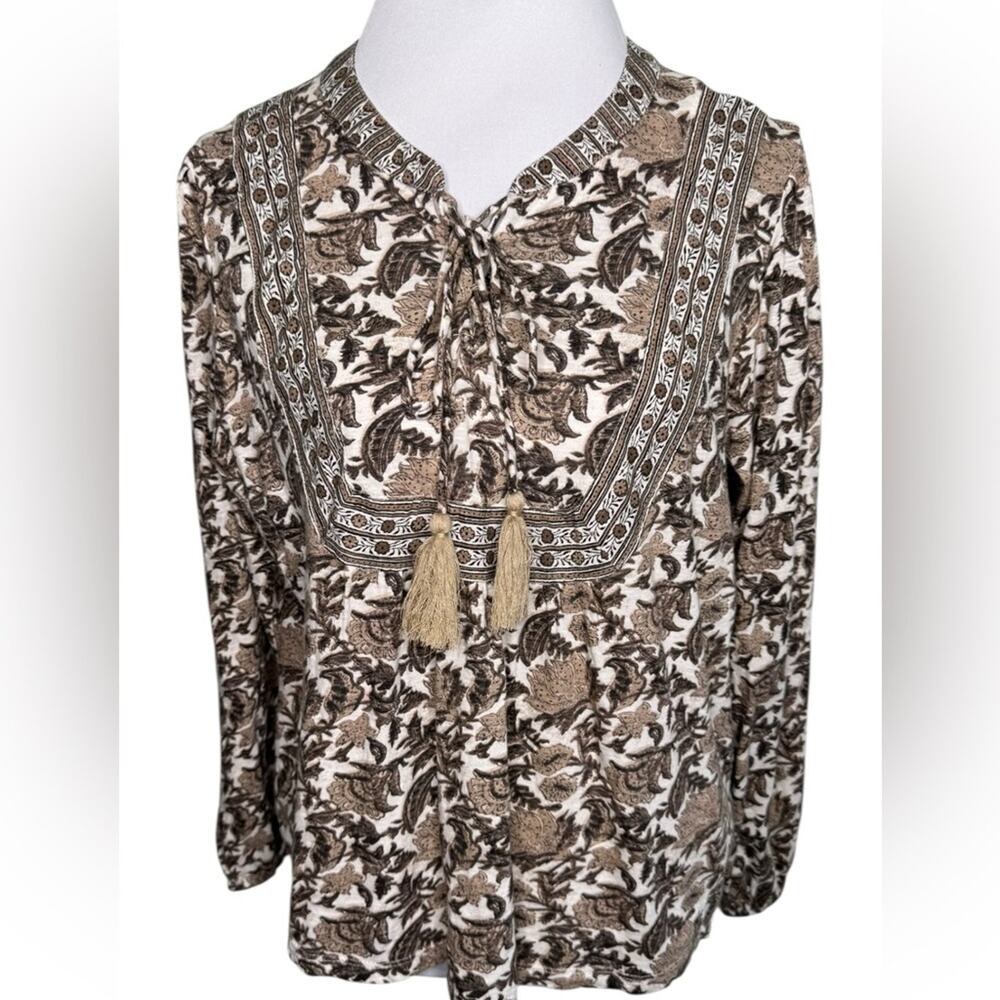 Lucky Brand Brown Tan Floral Peasant Blouse with Tassels Size Large